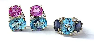 Large GUM DROP™ Earrings with Hot Pink and Deep Blue Topaz and Diamonds