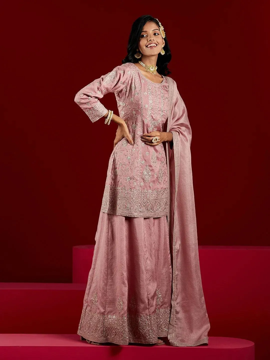 Libas Art Dusty Pink Embroidered Silk A-Line Sharara Suit Set With Dupatta