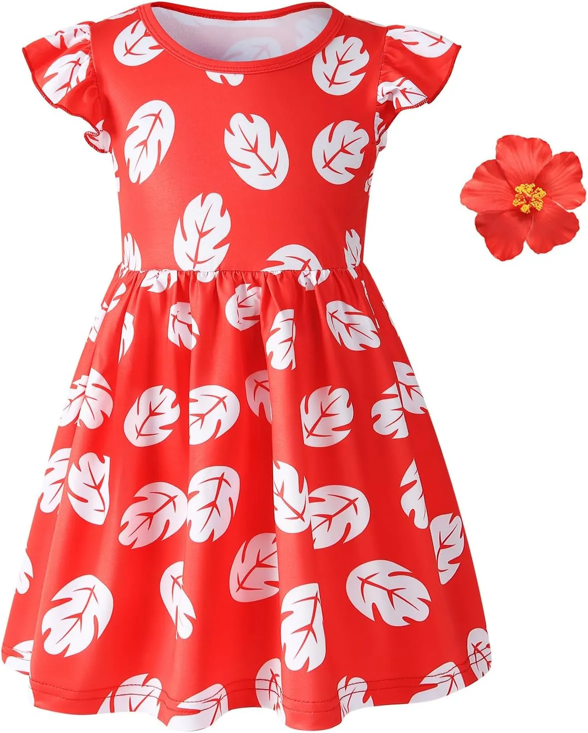 Little Girls Costume Dress with 4inch Hawaiian Red Flower Hair Clip Toddler Red Leaf Dress Halloween Cosplay Outfit