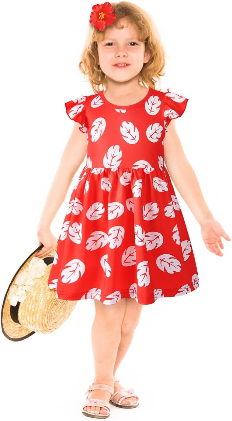 Little Girls Costume Dress with 4inch Hawaiian Red Flower Hair Clip Toddler Red Leaf Dress Halloween Cosplay Outfit