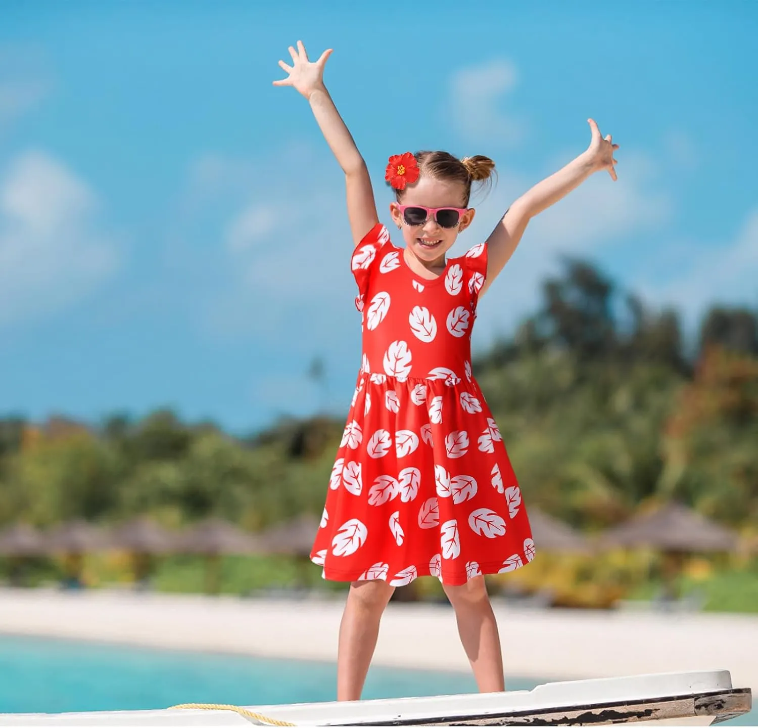 Little Girls Costume Dress with 4inch Hawaiian Red Flower Hair Clip Toddler Red Leaf Dress Halloween Cosplay Outfit