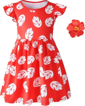 Little Girls Costume Dress with 4inch Hawaiian Red Flower Hair Clip Toddler Red Leaf Dress Halloween Cosplay Outfit