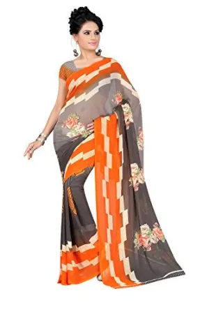 Livie Women's Georgette Sarees Party Wear/Fancy Georgette Sarees/Printed Georgette Sarees - Lead Grey &amp; Tangerine