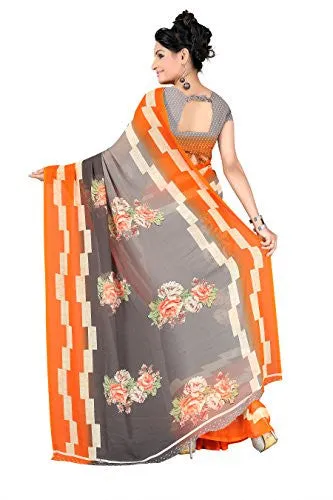 Livie Women's Georgette Sarees Party Wear/Fancy Georgette Sarees/Printed Georgette Sarees - Lead Grey &amp; Tangerine