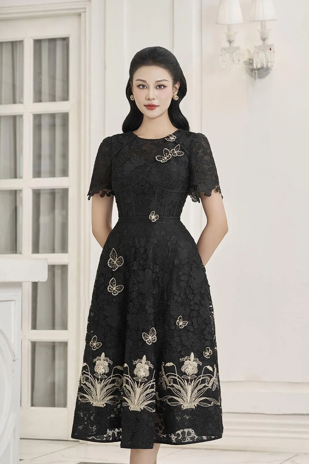 Lorraine A-line Embroidered Lace Midi Dress