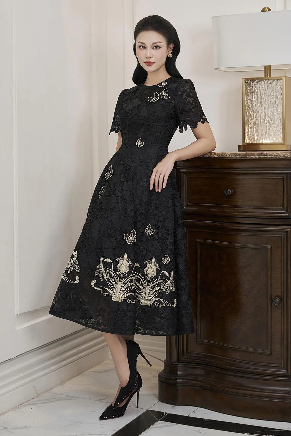 Lorraine A-line Embroidered Lace Midi Dress