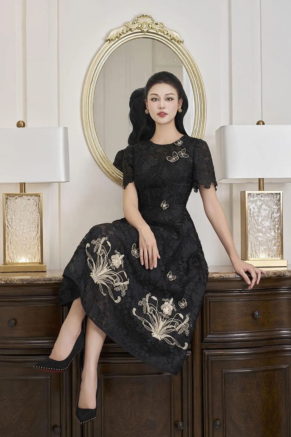 Lorraine A-line Embroidered Lace Midi Dress