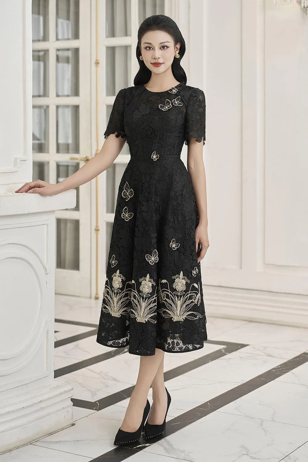 Lorraine A-line Embroidered Lace Midi Dress