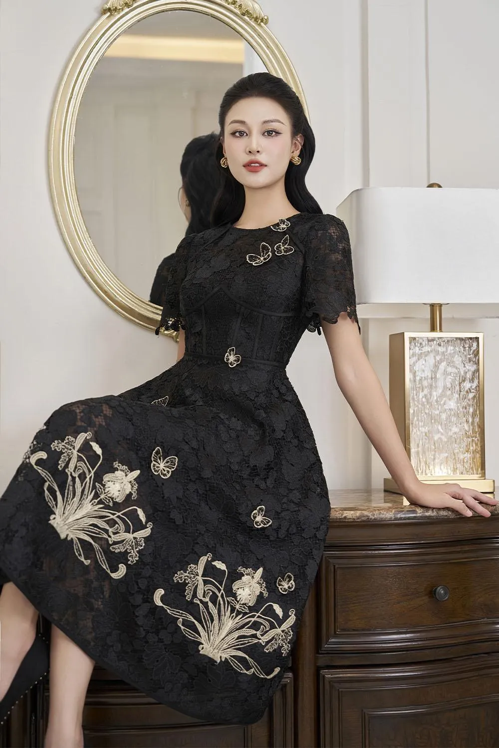 Lorraine A-line Embroidered Lace Midi Dress