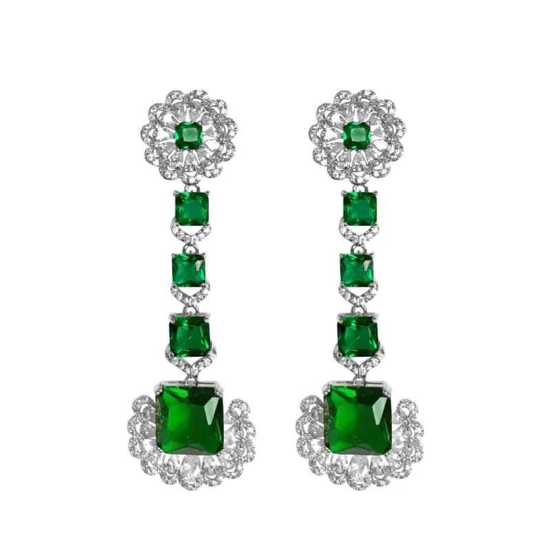 Luxurious Green Square Earrings with Emerald and Diamond Elegance