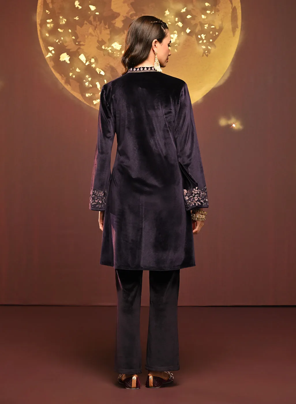 Mallika Deep Purple Embroidered Velvet Co-ord Set for Women
