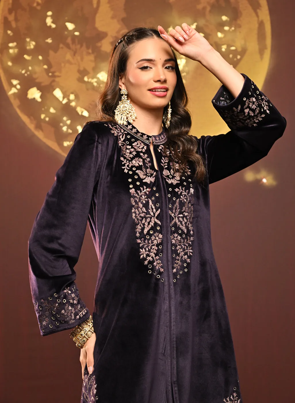 Mallika Deep Purple Embroidered Velvet Co-ord Set for Women