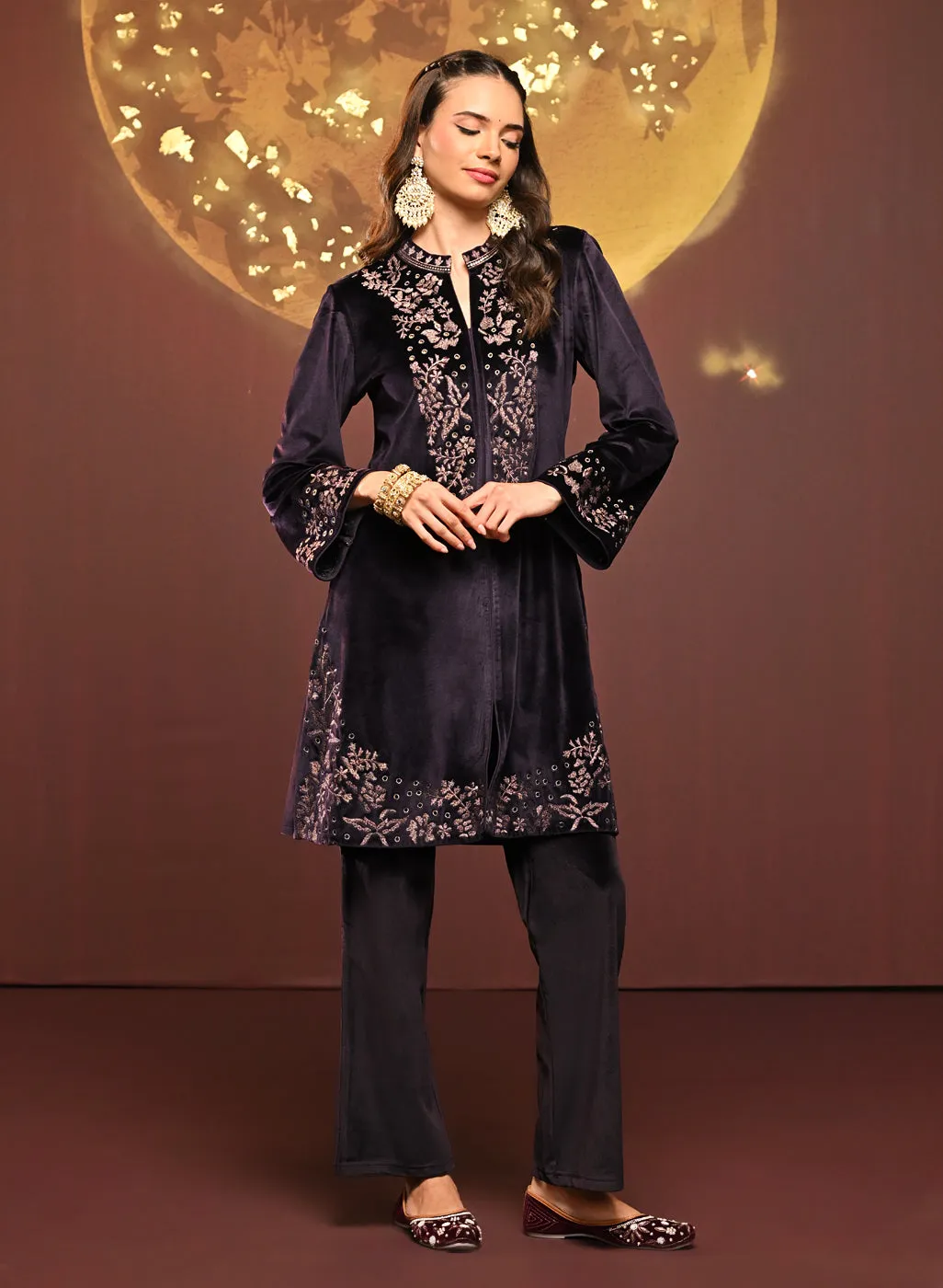 Mallika Deep Purple Embroidered Velvet Co-ord Set for Women