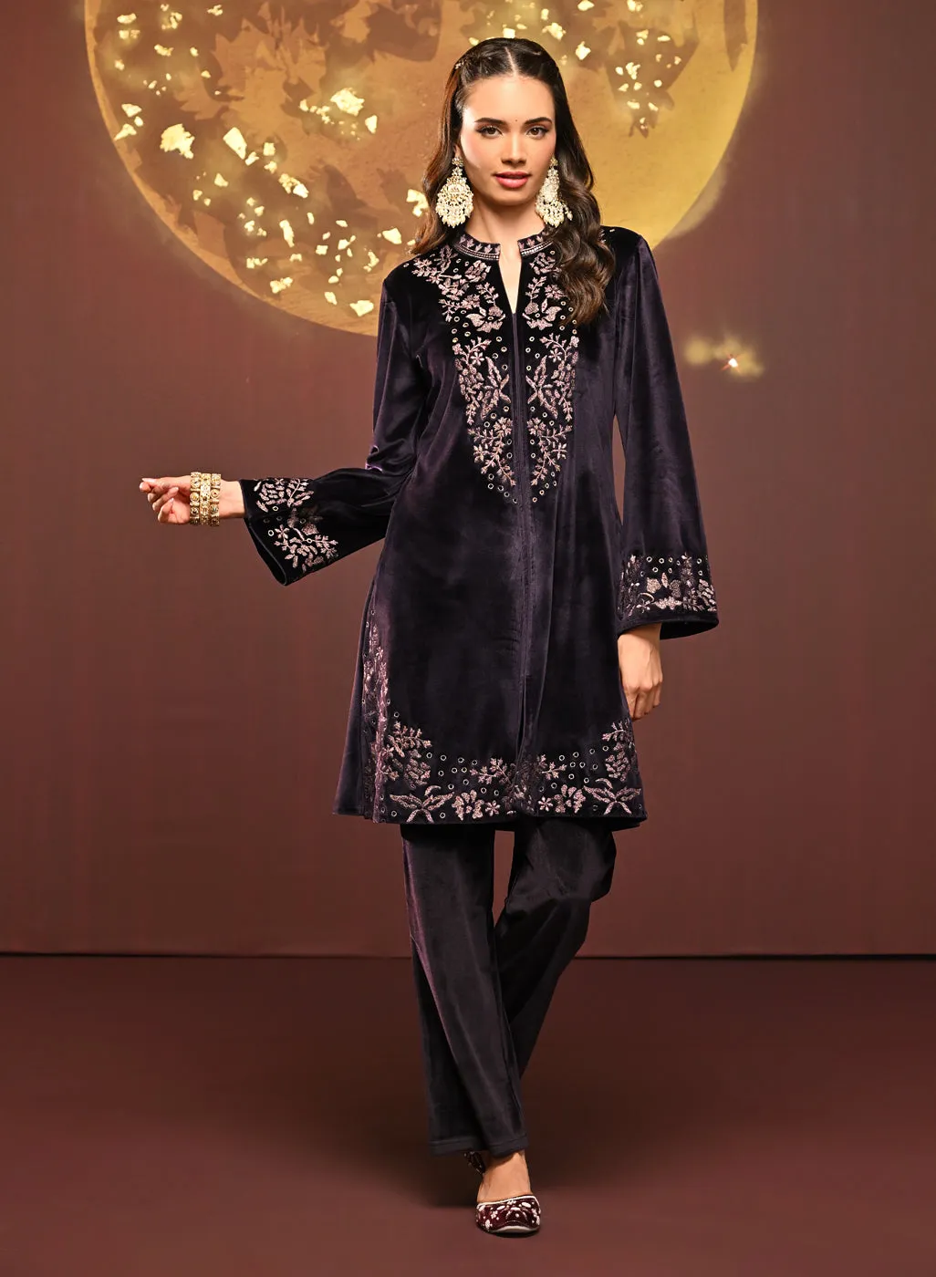 Mallika Deep Purple Embroidered Velvet Co-ord Set for Women