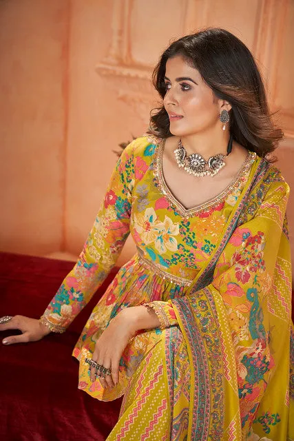 Mesmerizing Floral Printed Yellow  Silk Salwar Kameez