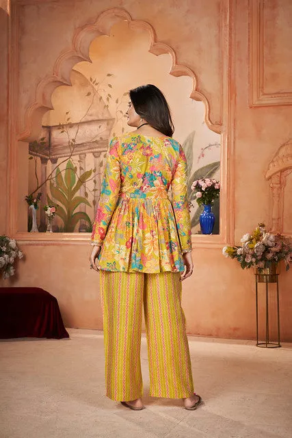 Mesmerizing Floral Printed Yellow  Silk Salwar Kameez