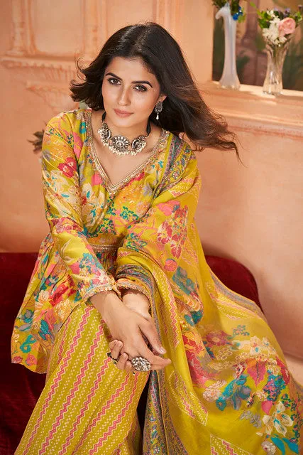 Mesmerizing Floral Printed Yellow  Silk Salwar Kameez
