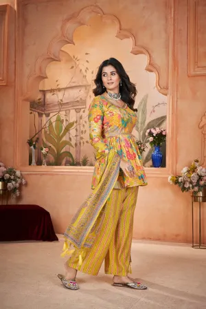 Mesmerizing Floral Printed Yellow  Silk Salwar Kameez
