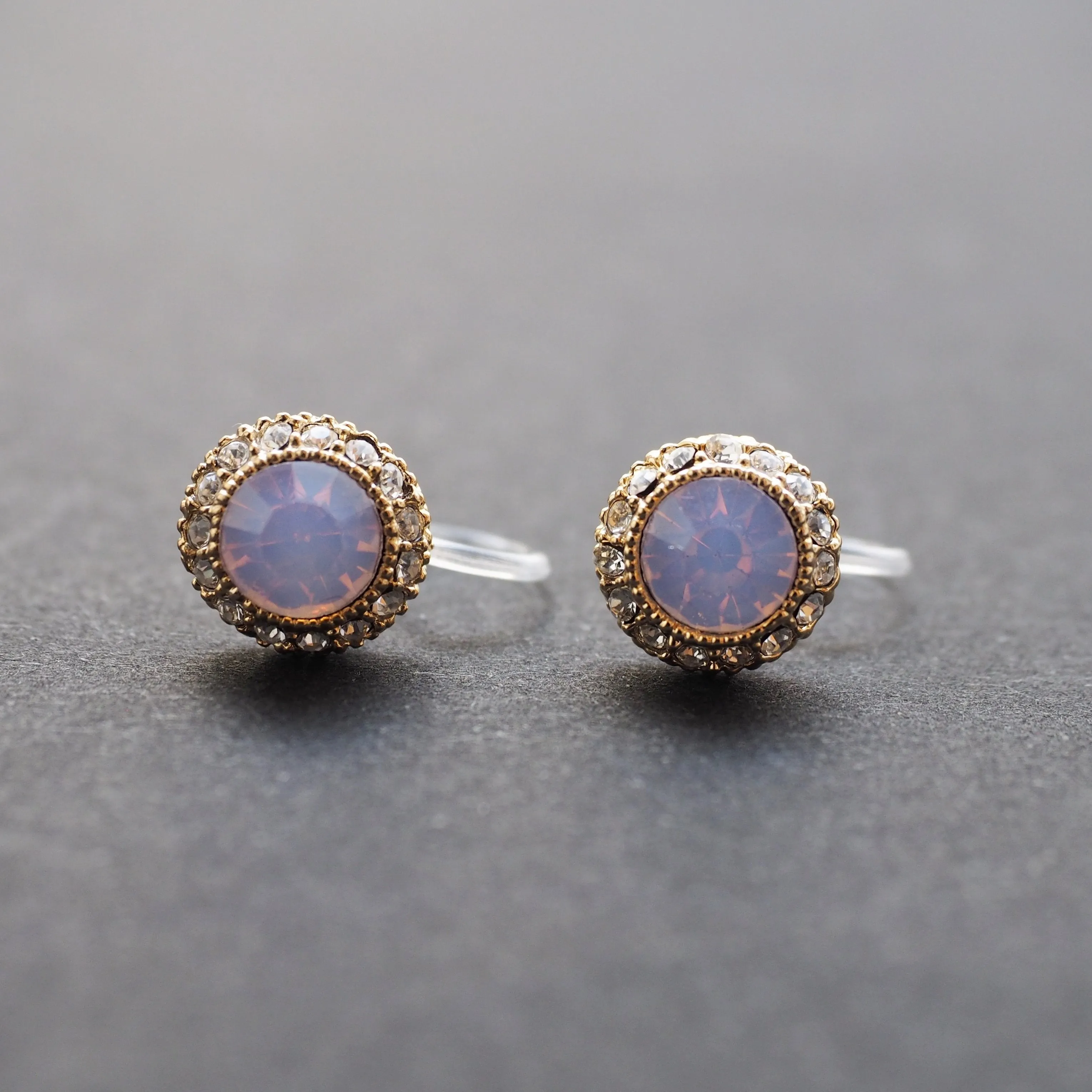Milky Pink Rhinestone Crystal Invisible Clip On Stud Earrings