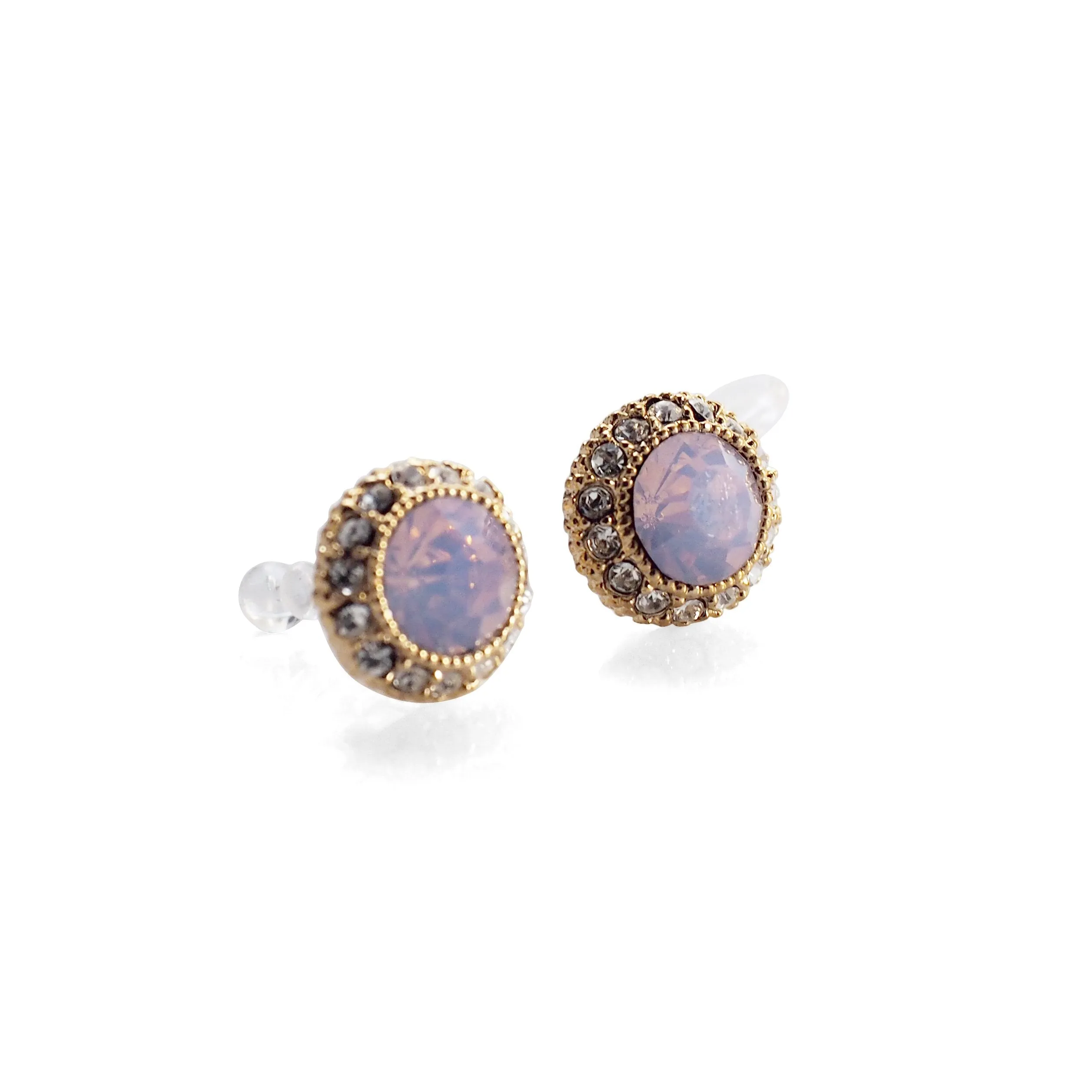 Milky Pink Rhinestone Crystal Invisible Clip On Stud Earrings