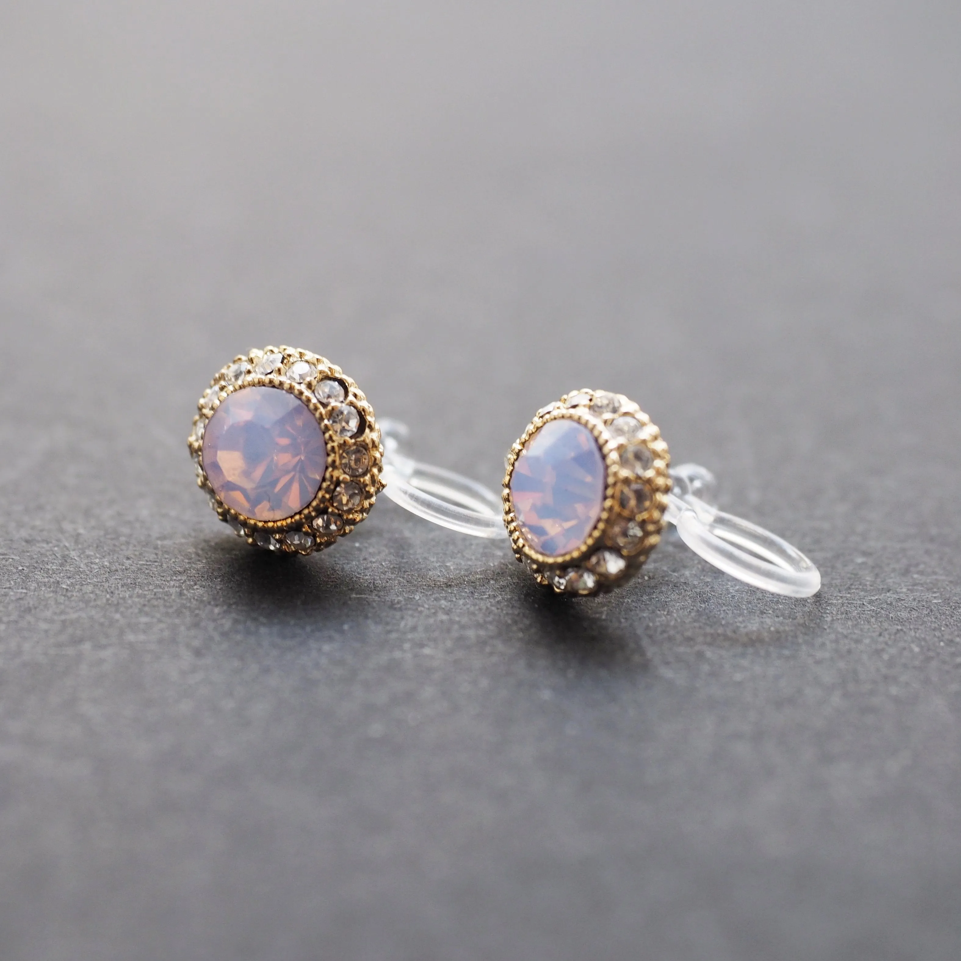 Milky Pink Rhinestone Crystal Invisible Clip On Stud Earrings