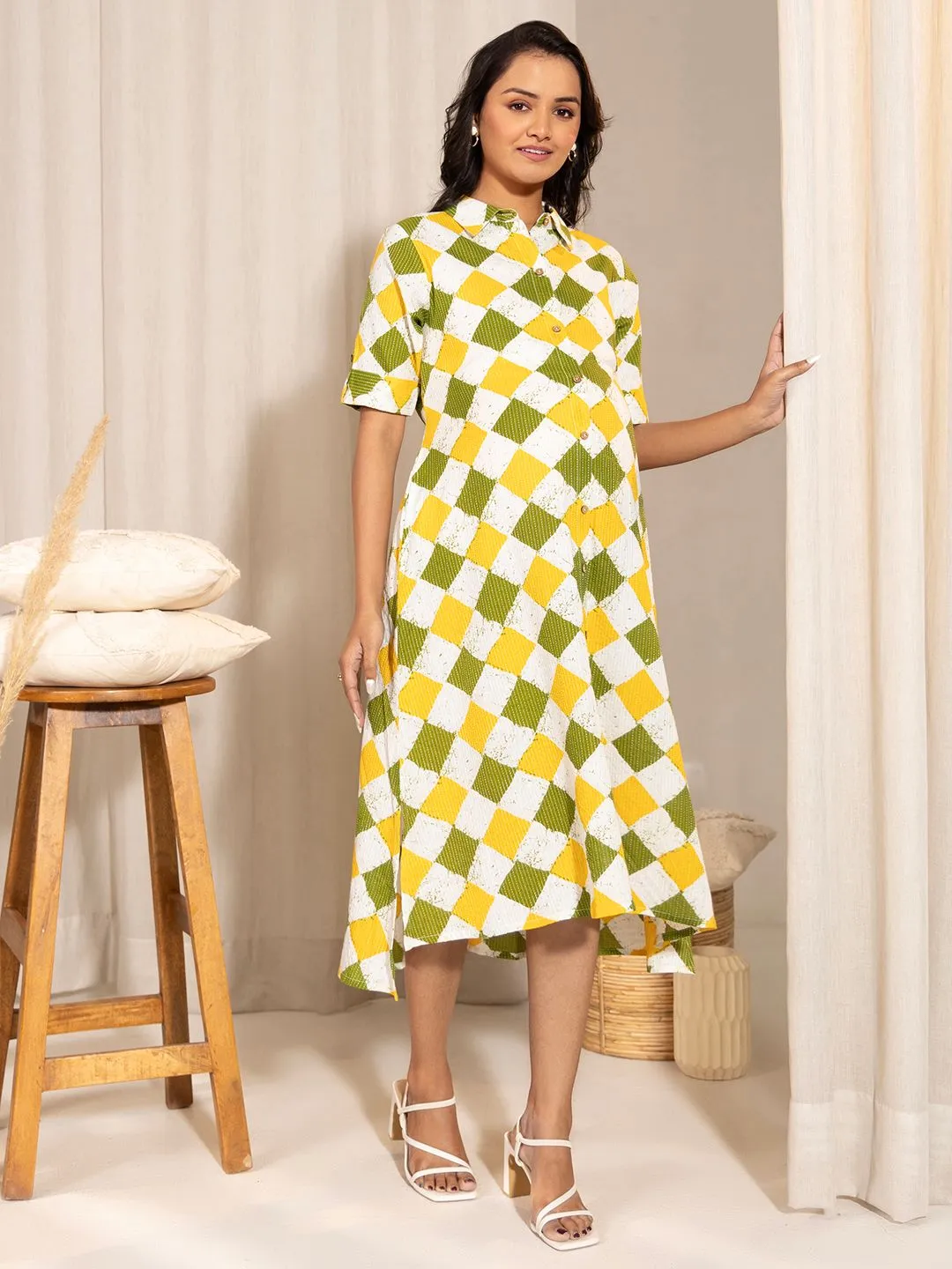 Multicolour Cotton Geometric Printed A-Line Dress