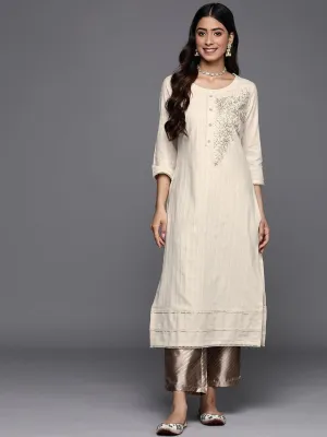 Off White Embroidered Cotton Straight Kurta