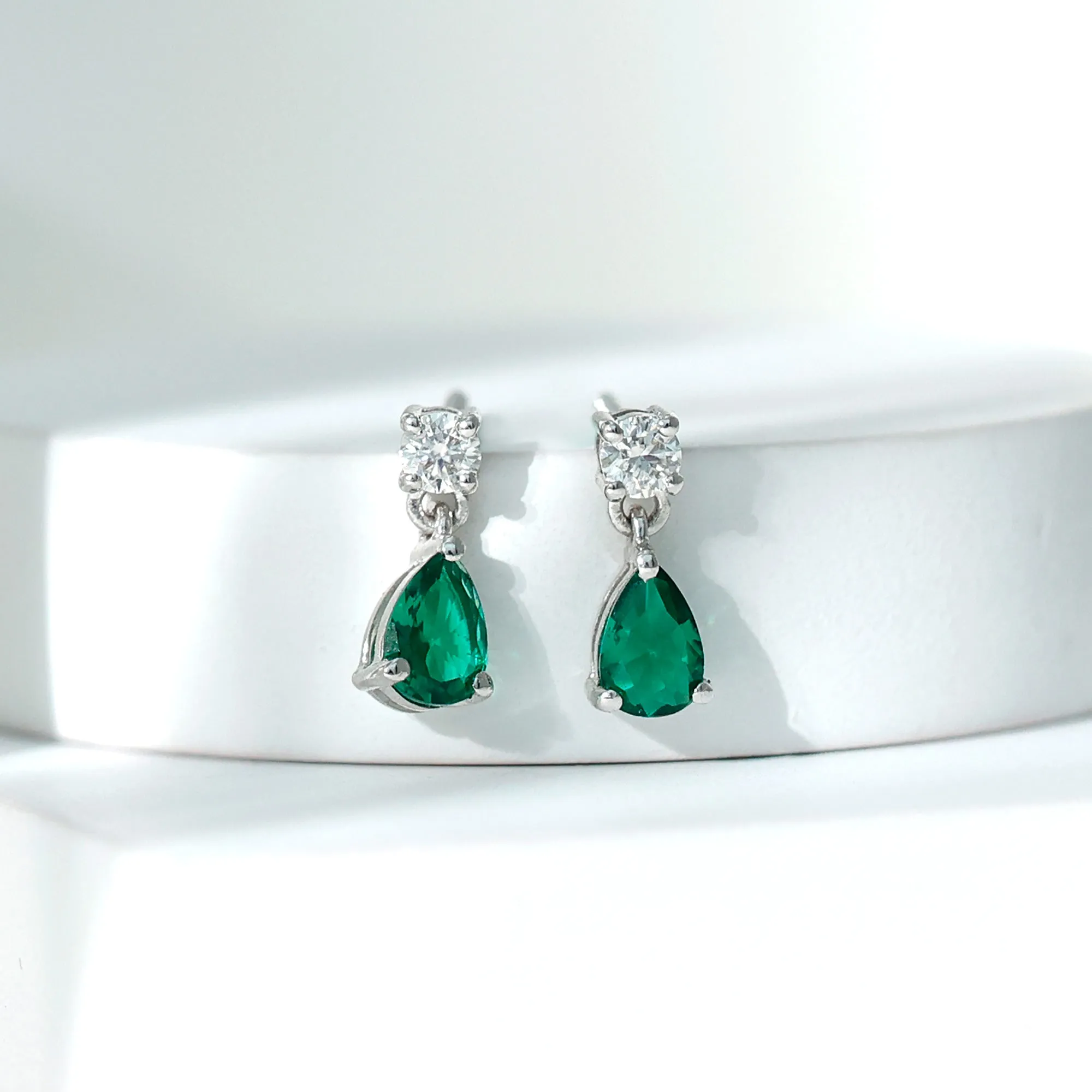 Pear Cut Lab Created Emerald and Moissanite Silver Simple Teardrop Earrings