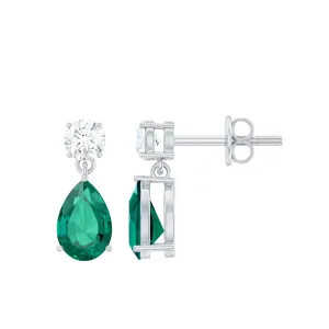 Pear Cut Lab Created Emerald and Moissanite Silver Simple Teardrop Earrings