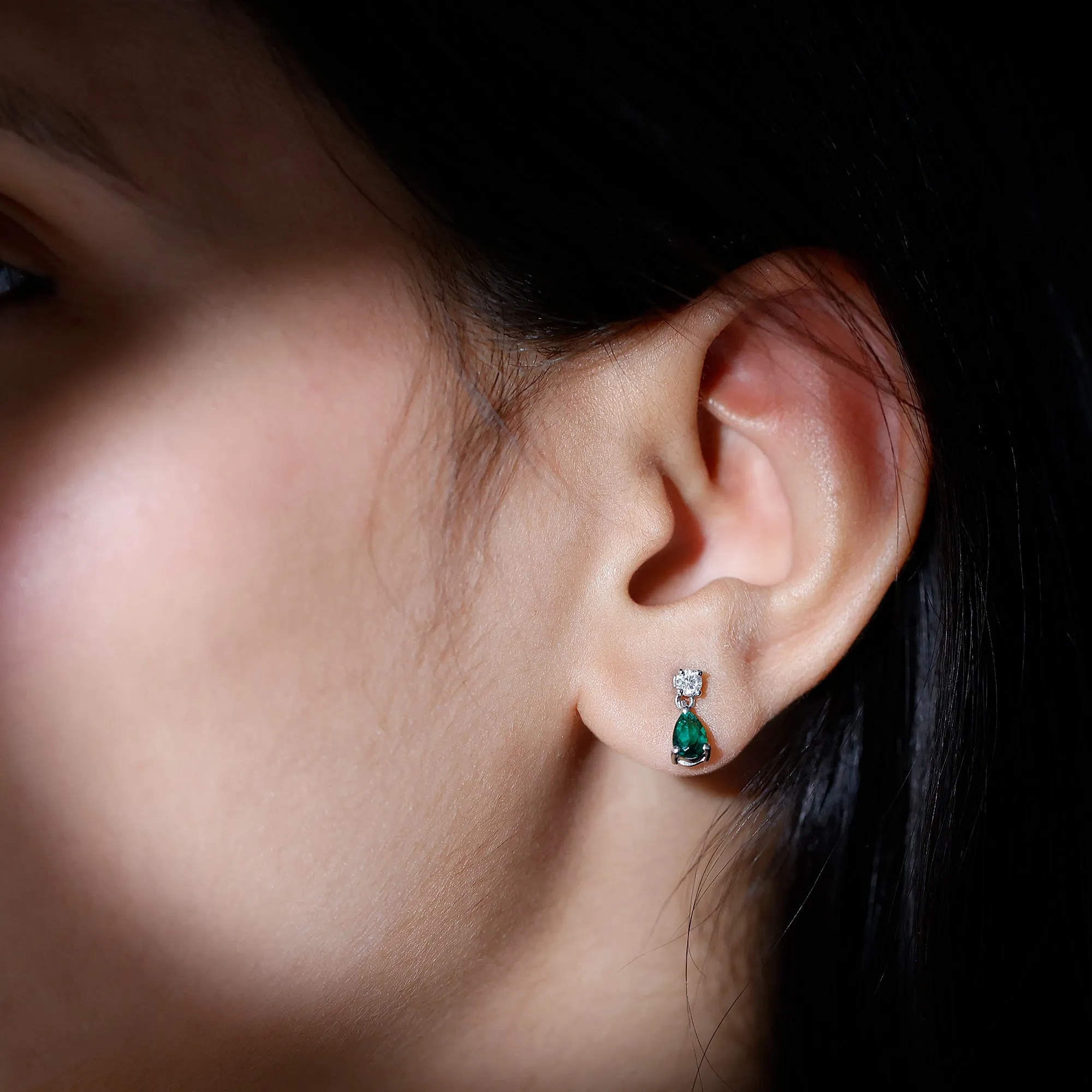 Pear Cut Lab Created Emerald and Moissanite Silver Simple Teardrop Earrings