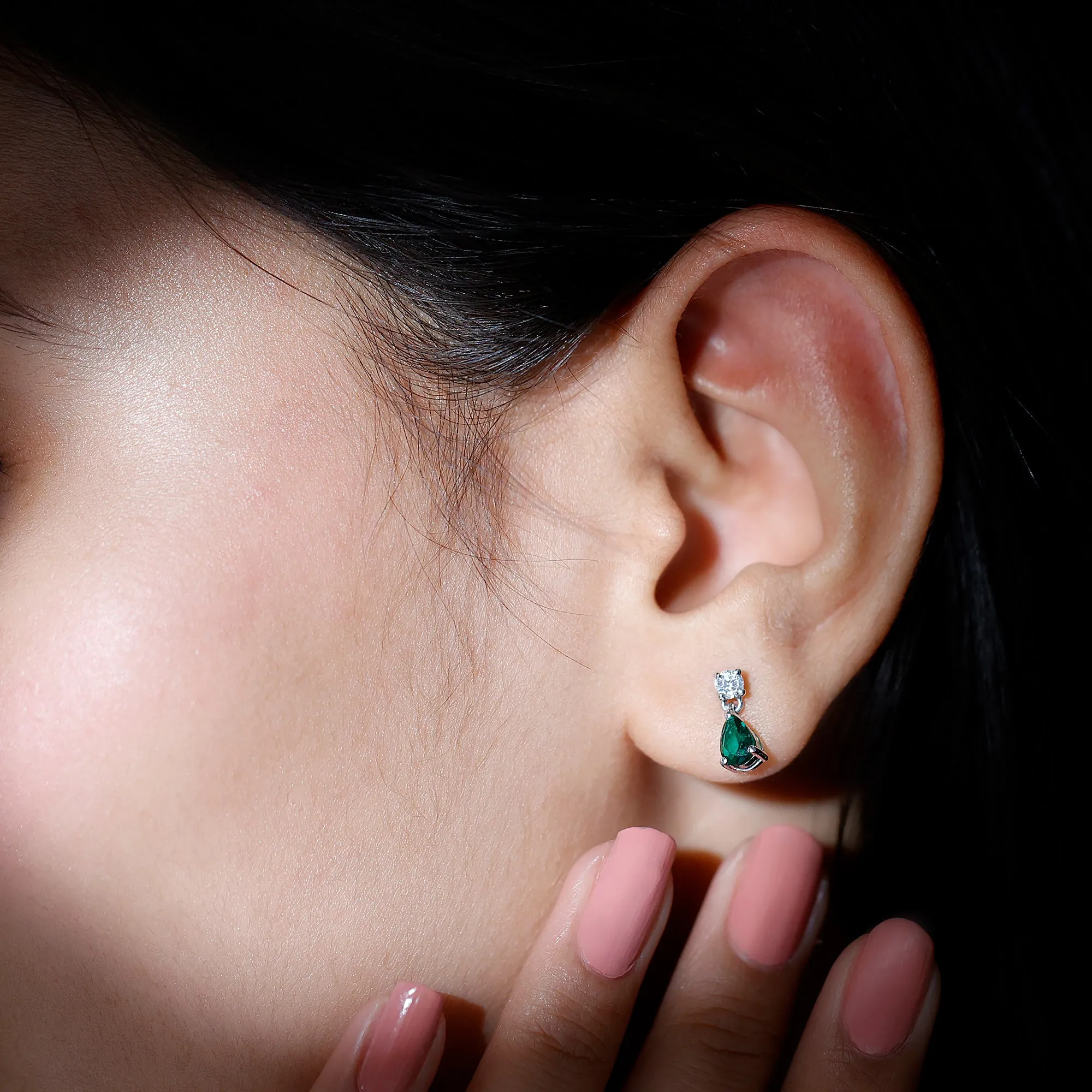 Pear Cut Lab Created Emerald and Moissanite Silver Simple Teardrop Earrings