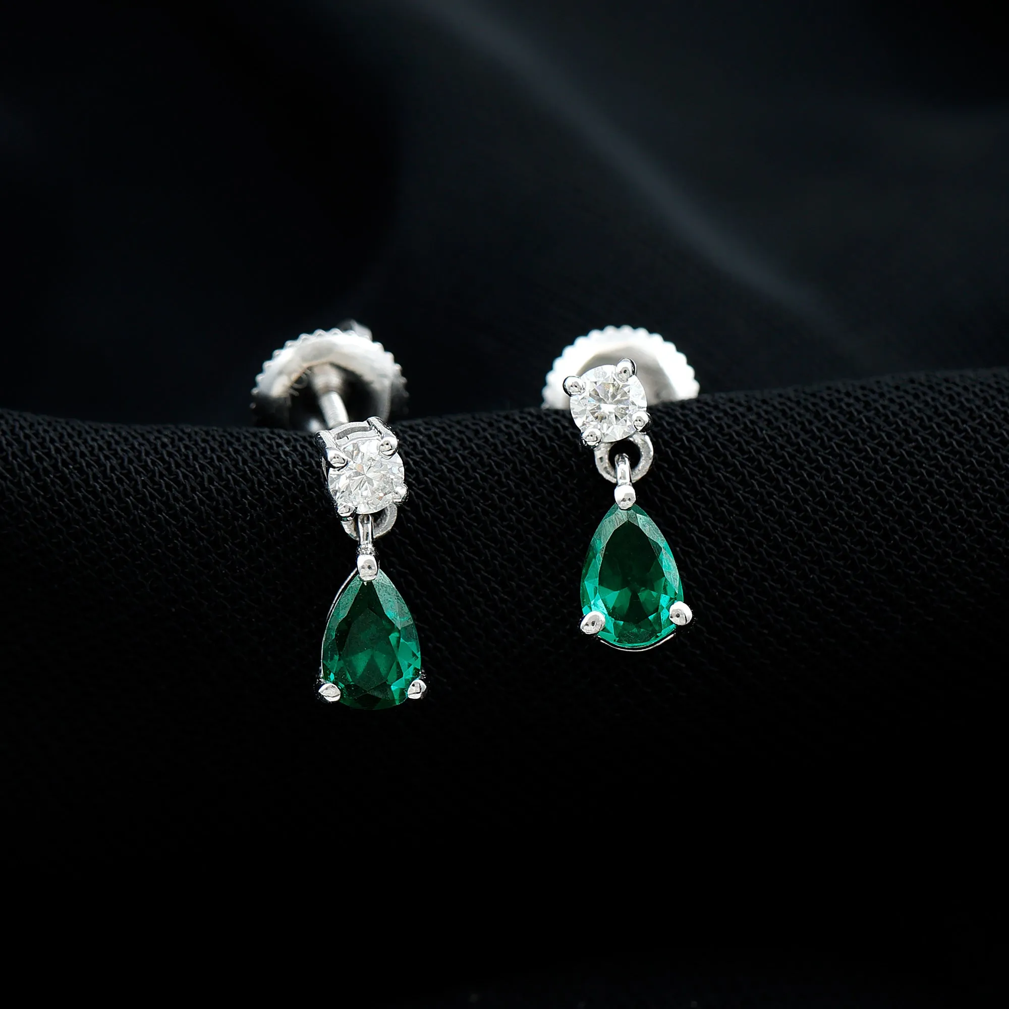Pear Cut Lab Created Emerald and Moissanite Silver Simple Teardrop Earrings