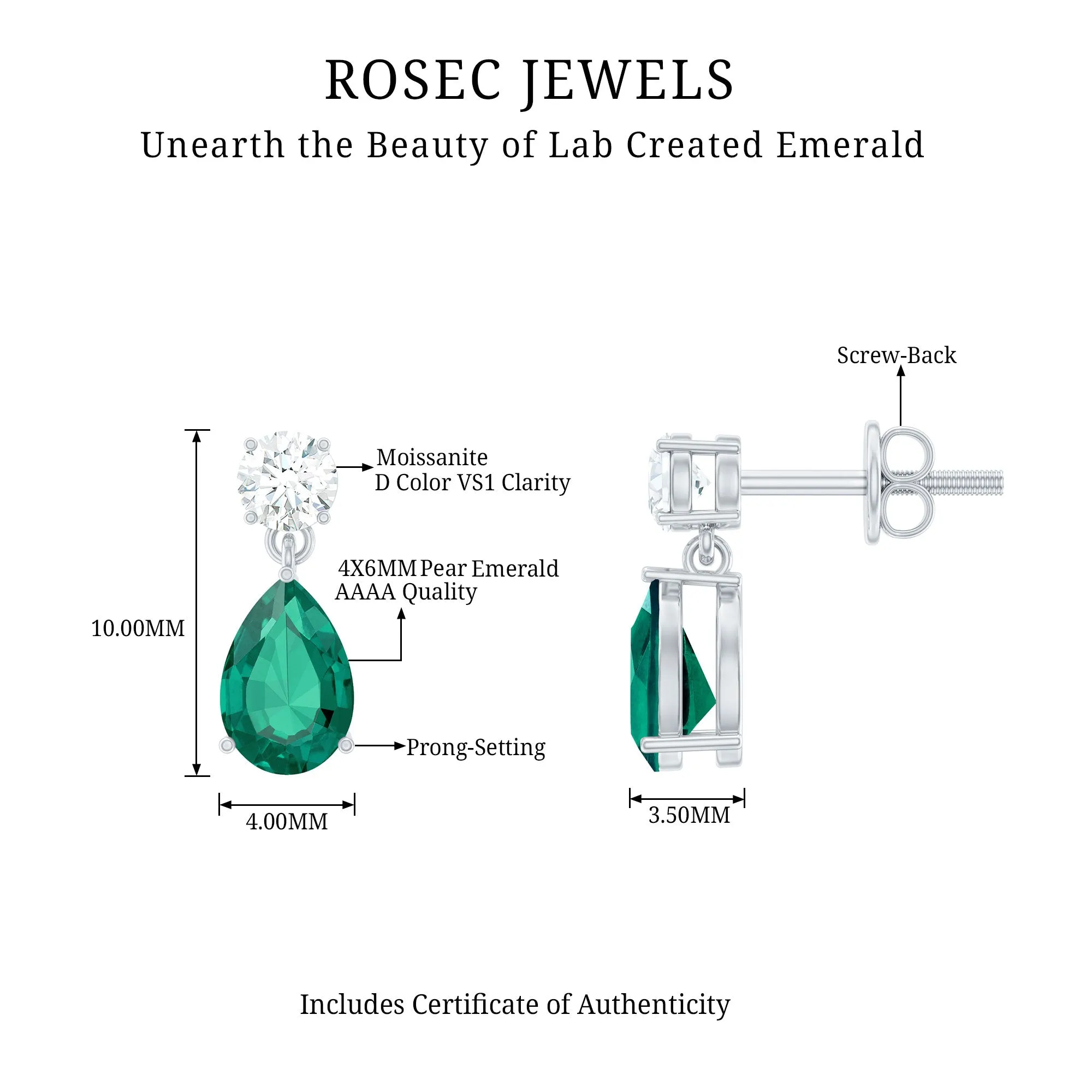 Pear Cut Lab Created Emerald and Moissanite Silver Simple Teardrop Earrings
