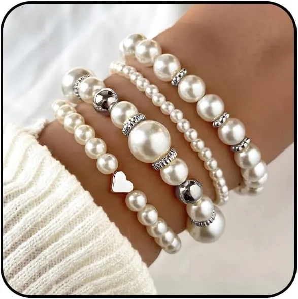 Pearl Bracelets for Women Simulated Pearl Beaded Bracelet White Pearls Stackable Stretch Bracelet Set Multilayered Elastic Pearls Bracelets for Women Bridesmaid Bridal Jewelry