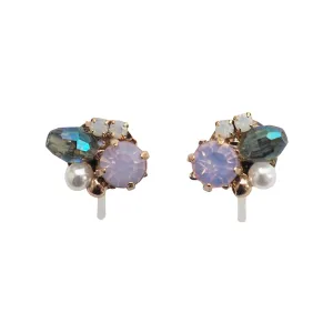 Pink and Green Rhinestone Crystal Invisible Clip On Stud Earrings