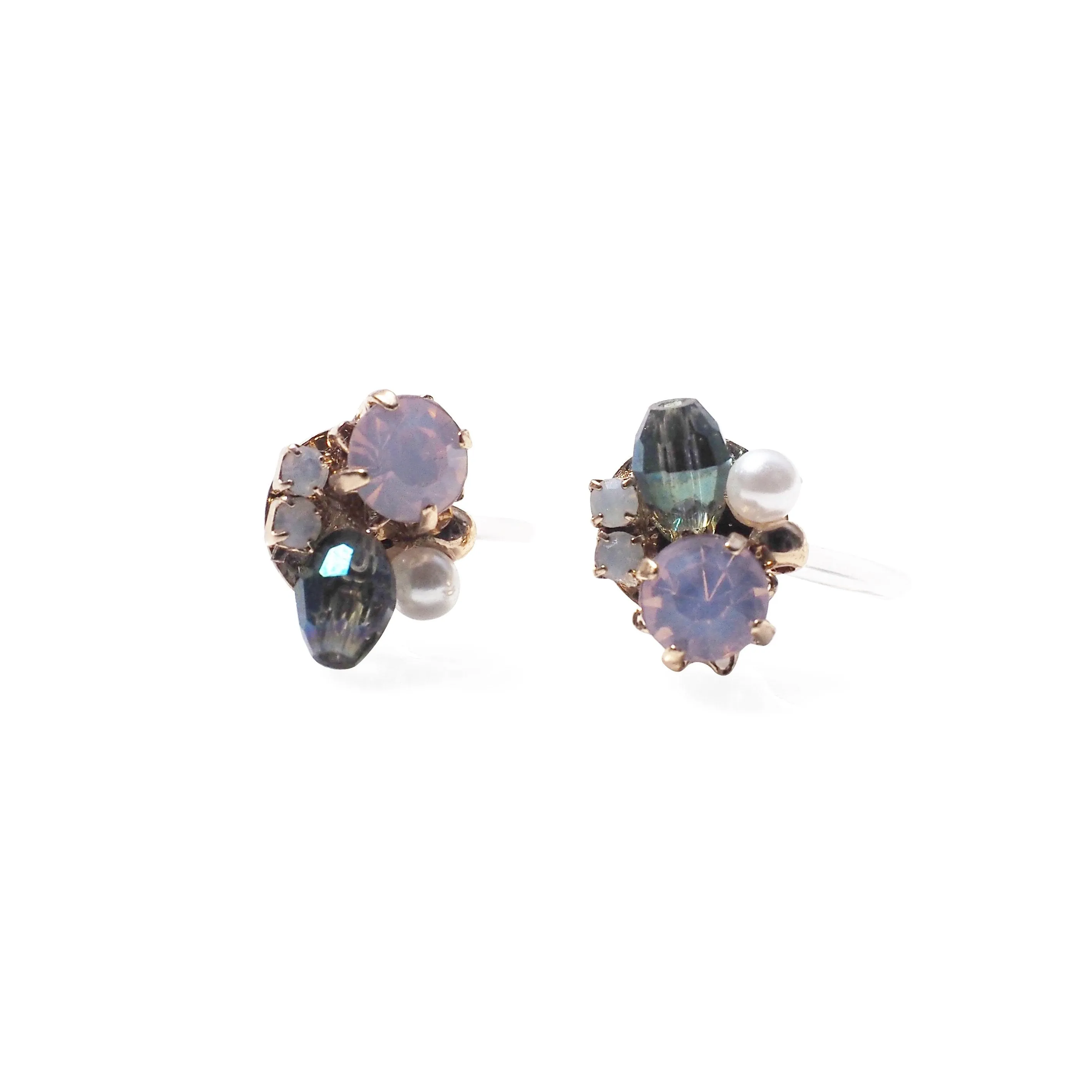 Pink and Green Rhinestone Crystal Invisible Clip On Stud Earrings