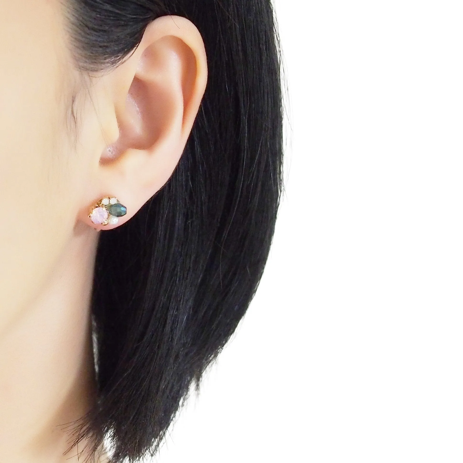 Pink and Green Rhinestone Crystal Invisible Clip On Stud Earrings