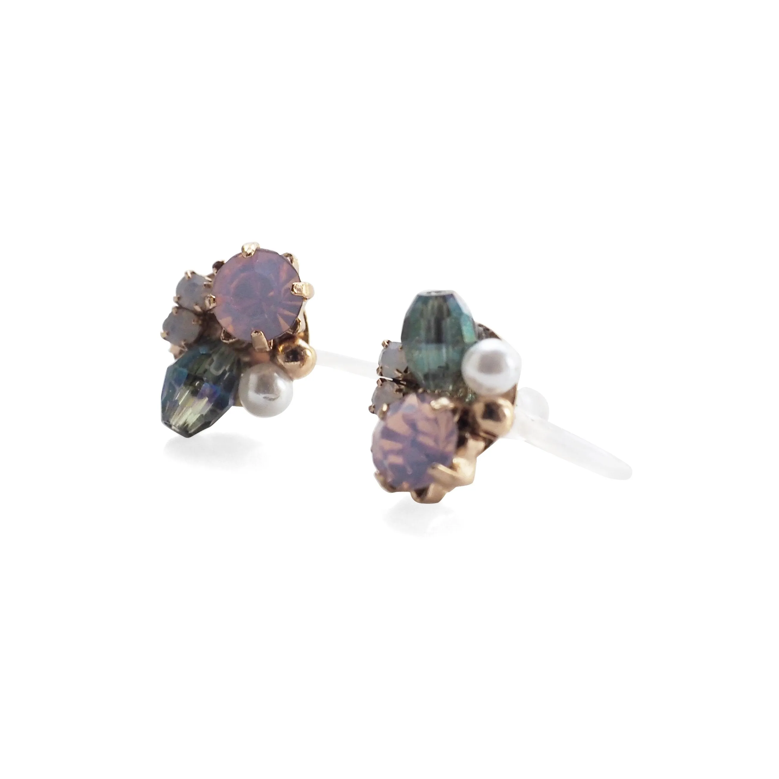Pink and Green Rhinestone Crystal Invisible Clip On Stud Earrings
