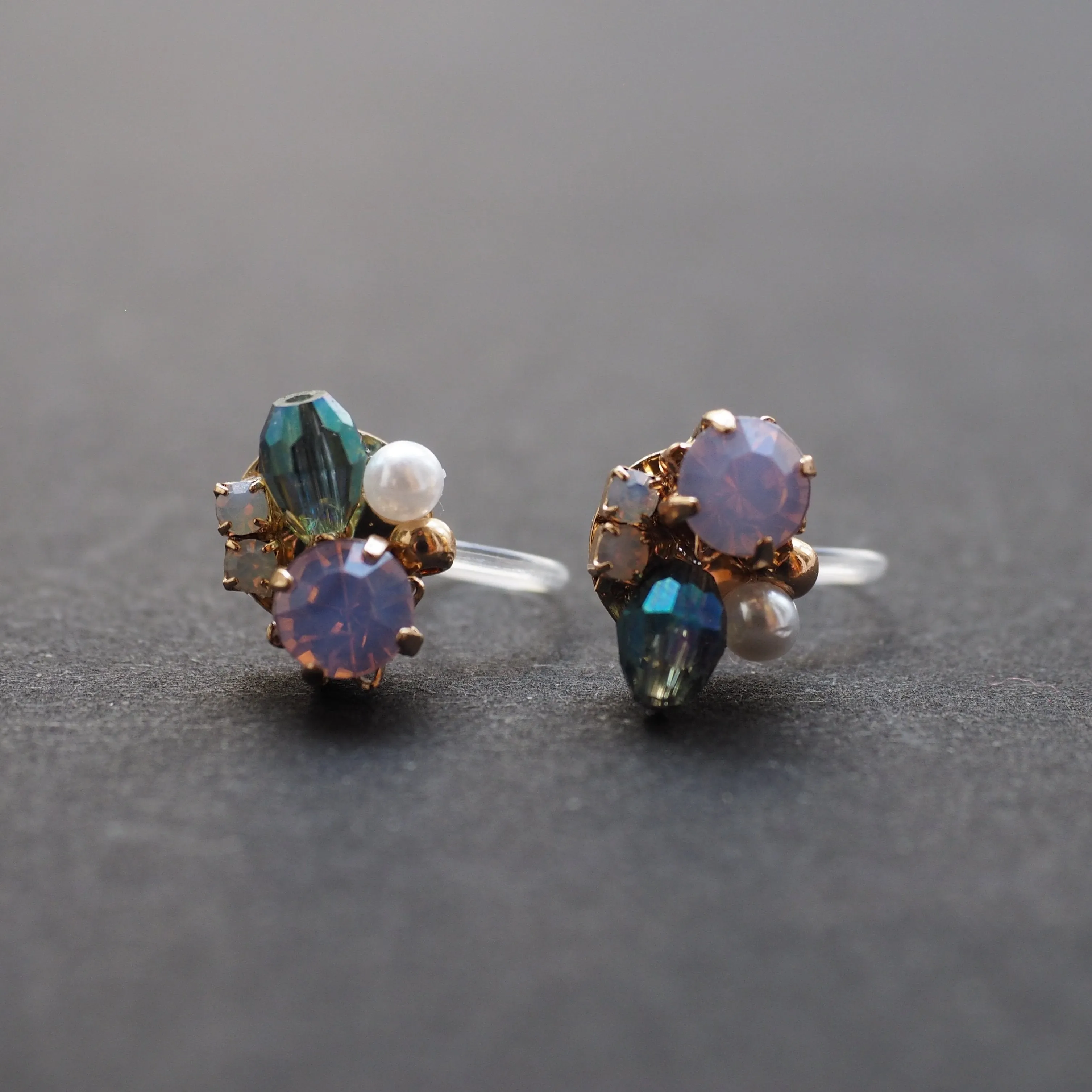 Pink and Green Rhinestone Crystal Invisible Clip On Stud Earrings