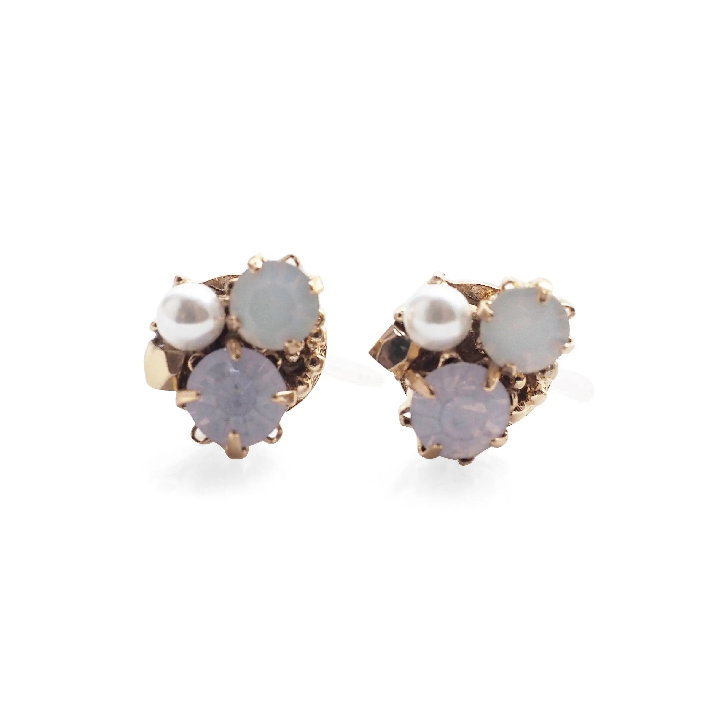 Pink Rhinestone and Pearl Invisible Clip On Stud Earrings