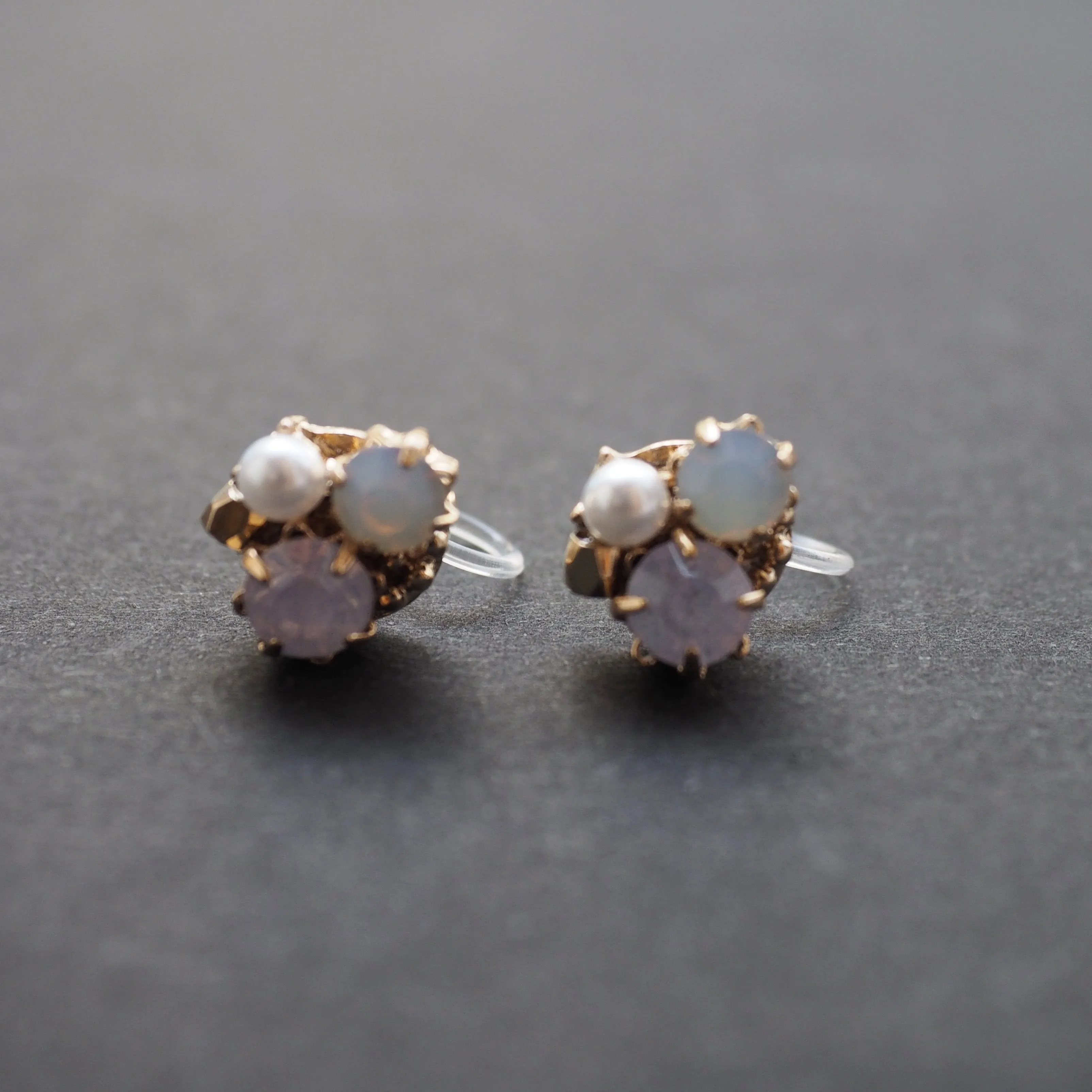 Pink Rhinestone and Pearl Invisible Clip On Stud Earrings