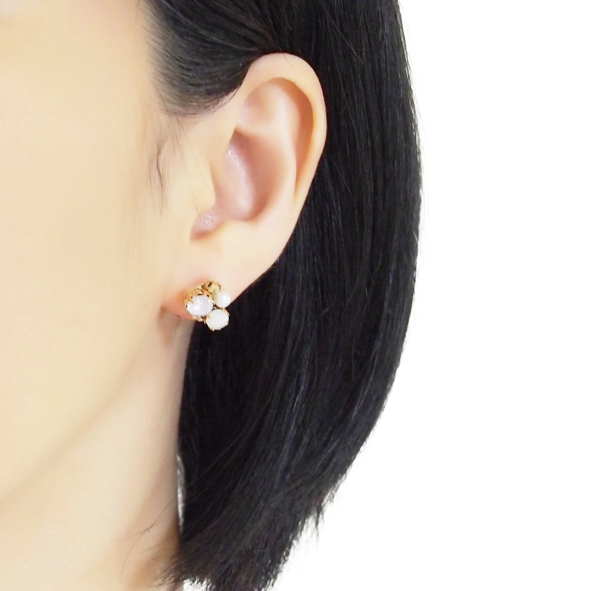 Pink Rhinestone and Pearl Invisible Clip On Stud Earrings