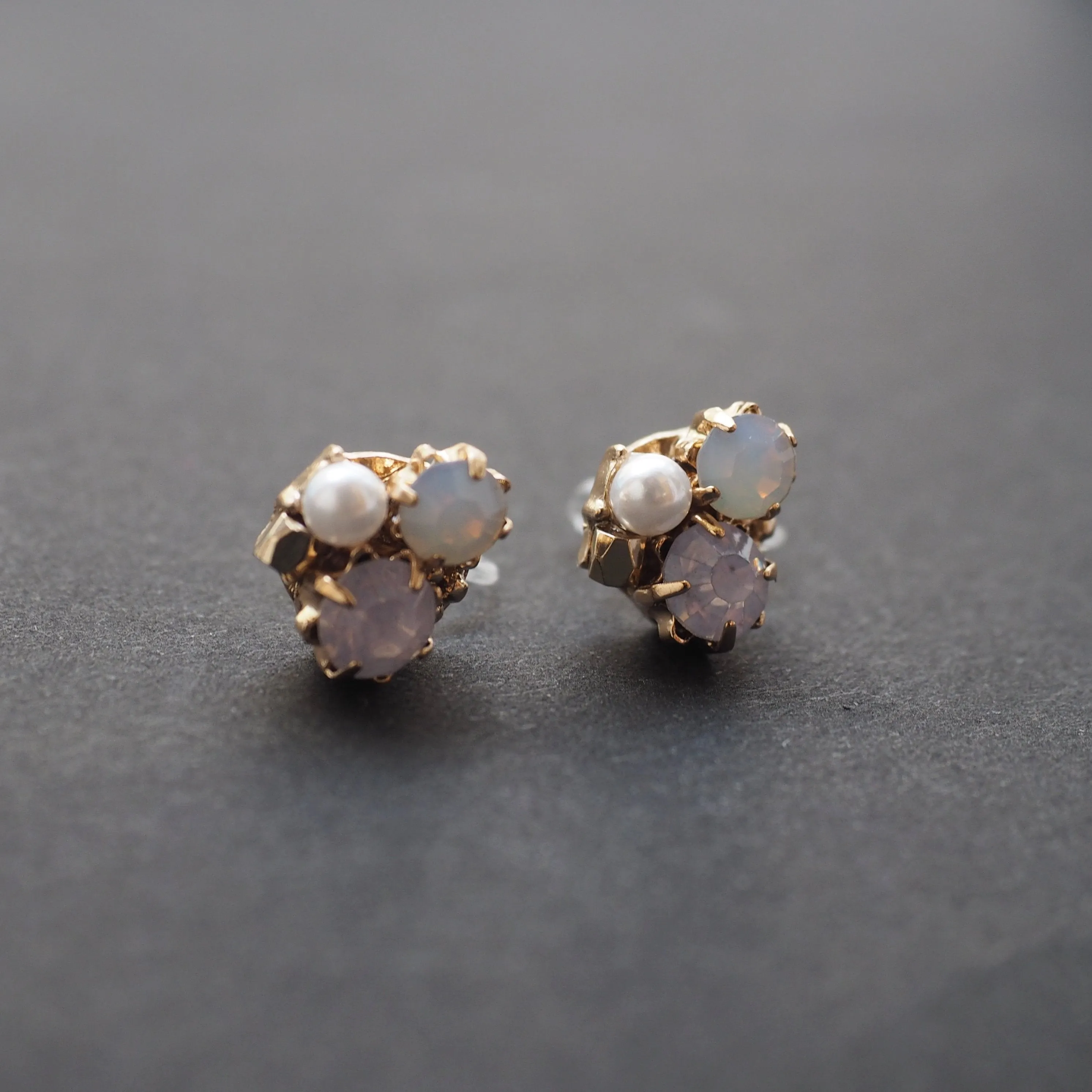 Pink Rhinestone and Pearl Invisible Clip On Stud Earrings