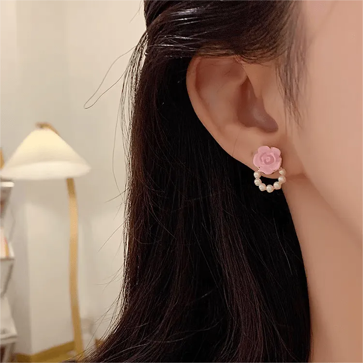Pink Rose Pearl Chain Earrings