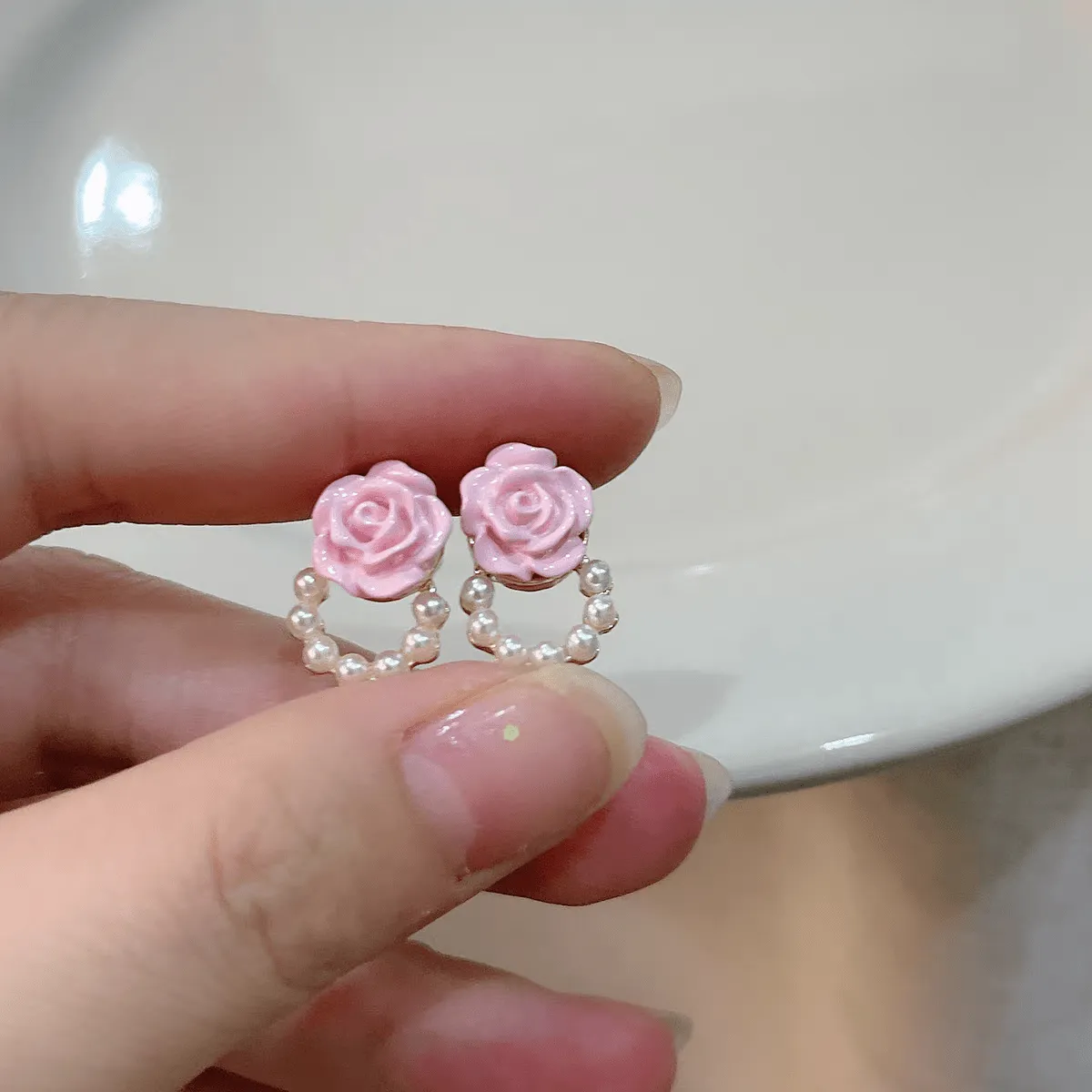 Pink Rose Pearl Chain Earrings