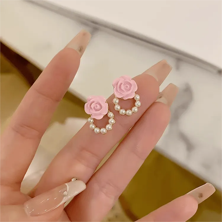 Pink Rose Pearl Chain Earrings