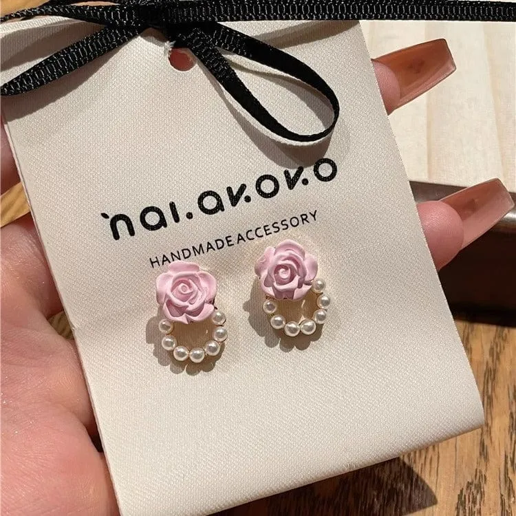 Pink Rose Pearl Chain Earrings