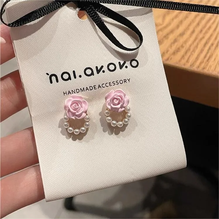 Pink Rose Pearl Chain Earrings