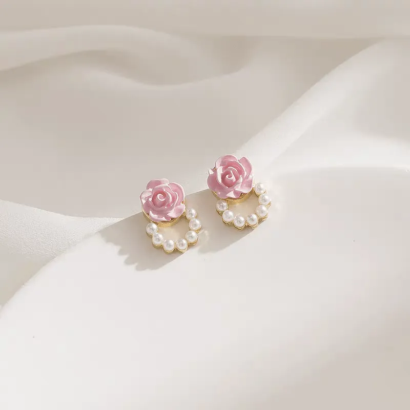 Pink Rose Pearl Chain Earrings