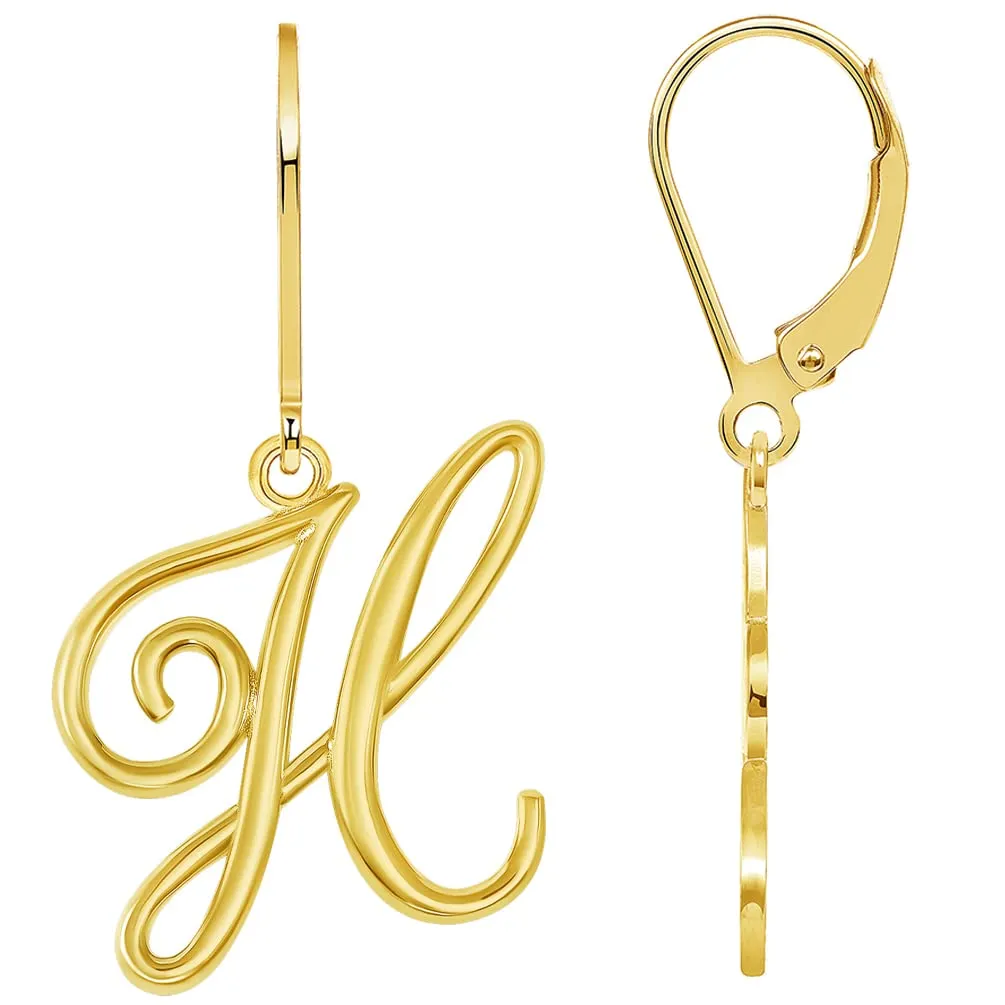 Solid 14k Yellow Gold Elegant Script Letter Cursive Initial Dangle Drop Earrings with Leverback - A to Z